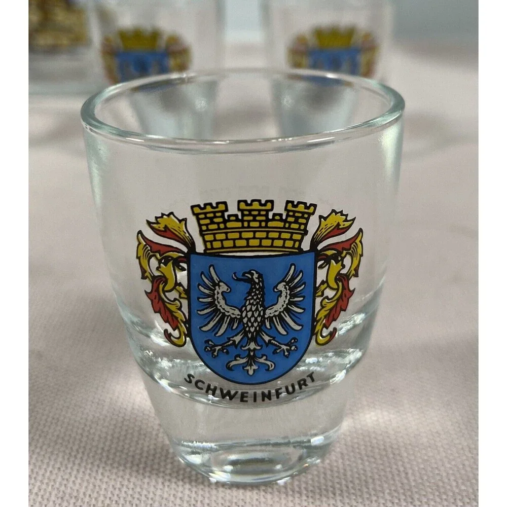 VTG German 5 Shot Glass Set Schweinfurt - Rathaus. Plus 1 Drinking Glass.